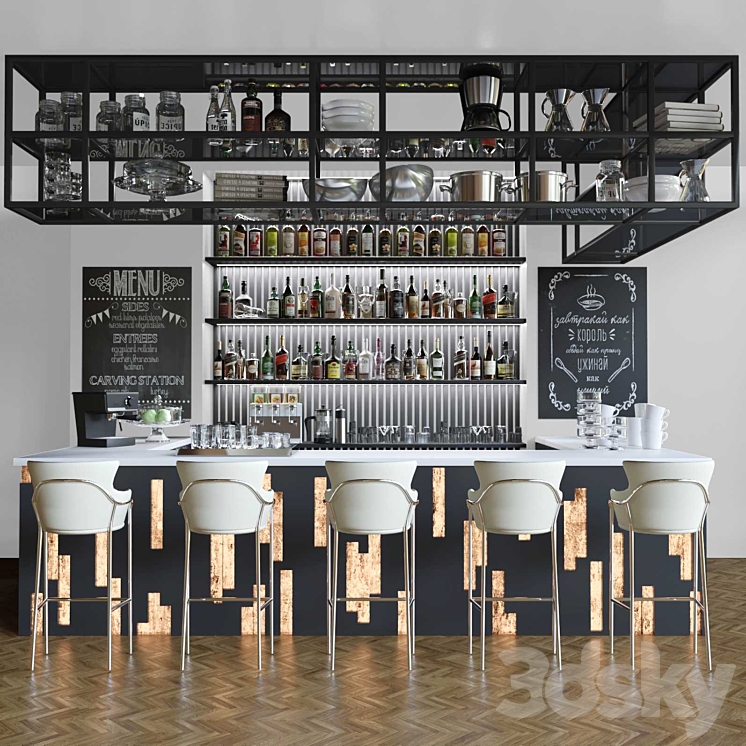 Design project of a restaurant with a bar counter and cocktails. Alcohol 3D Model