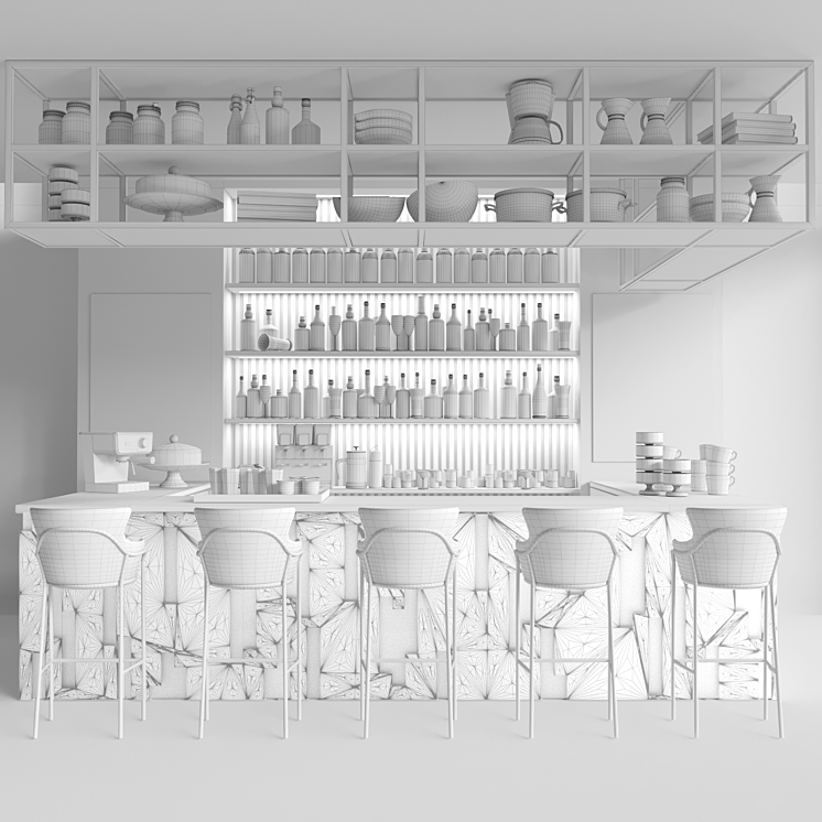 Design project of a restaurant with a bar counter and cocktails. Alcohol 3D Model