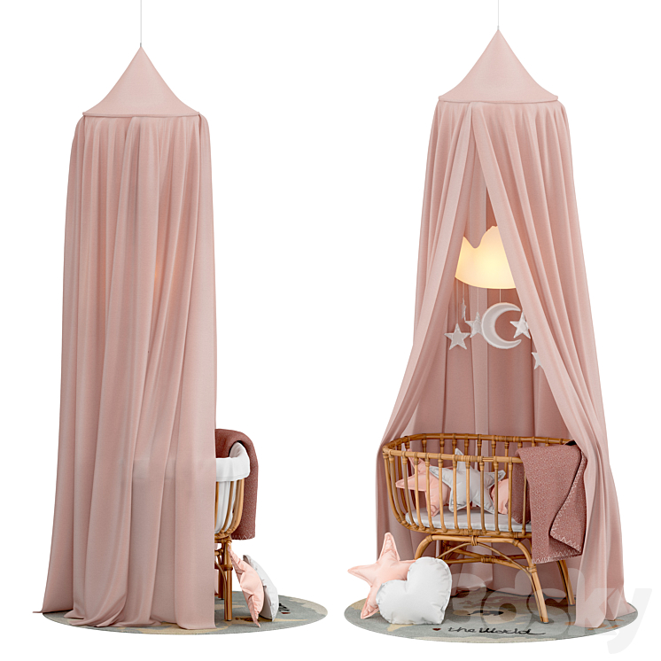 Childhome Rattan Cradle with Linen Canopy 3D Model