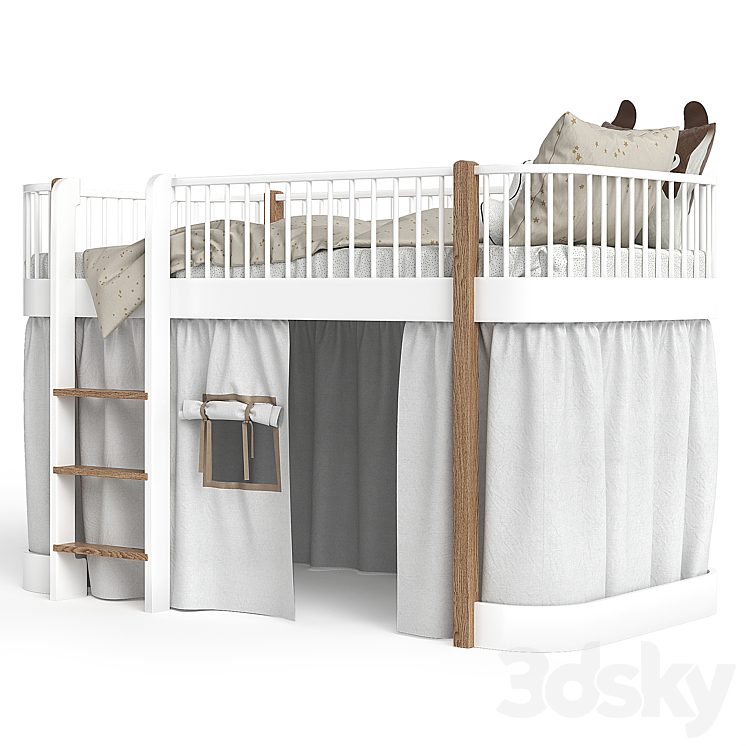 White and Oak Wood Low Loft Bed by Oliver 3DS Max - thumbnail 2