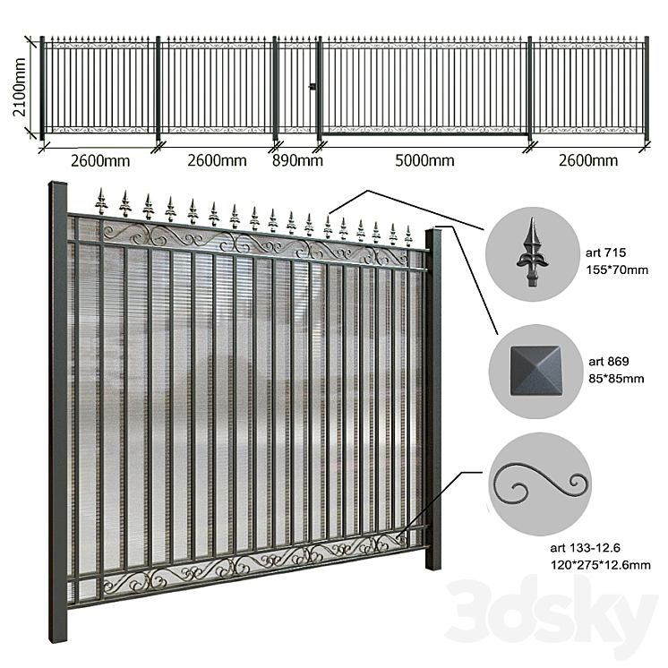 Fence with gate and wicket 6 3DS Max - thumbnail 2