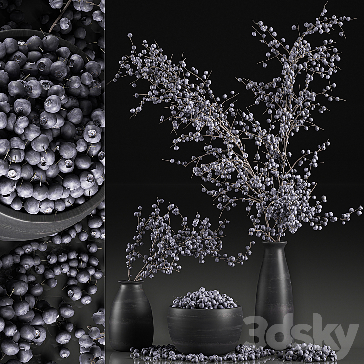 A collection of bouquets of branches with blueberries in black vases with blueberries a bowl with berries natural decor. Set 549. 3DS Max - thumbnail 2