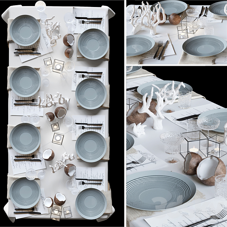 Table setting with collectible crockery candles and marine-style corals 3DS Max - thumbnail 1