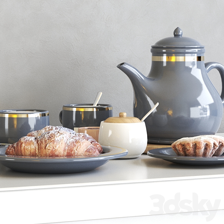 Tea set with croissant and muffin 3D Model