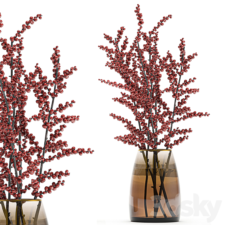 A collection of beautiful bouquets of branches with red and white berries in a vase of Ilex Holly dried flower Snowberry. Set 98. 3D Model