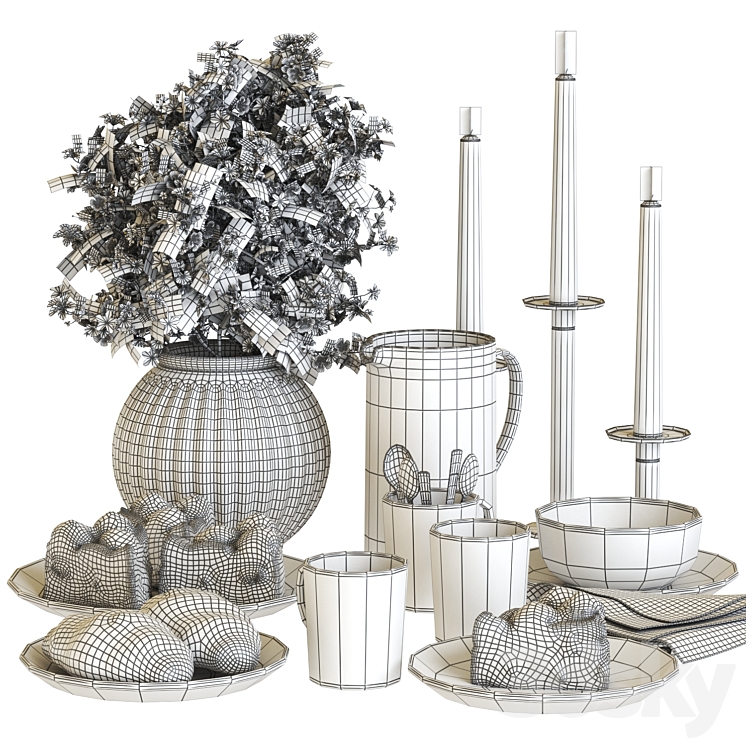 A set of dishes IKEA with a croissant and cake 3D Model
