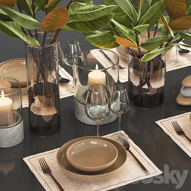 Table setting with leaves_1 3D Model