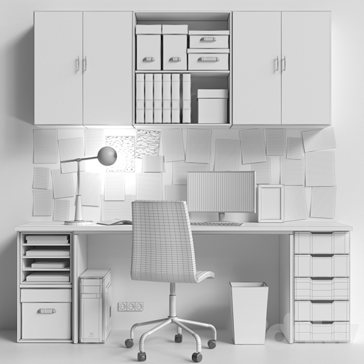 Office furniture design with computer and stationery 3D Model