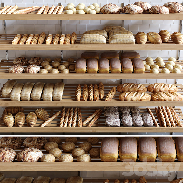 Rack with pastries in a bakery with bread loaf and buns. 3DS Max - thumbnail 1