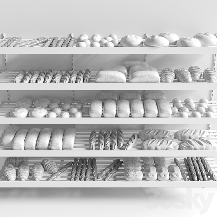 Rack with pastries in a bakery with bread loaf and buns. 3DS Max - thumbnail 2