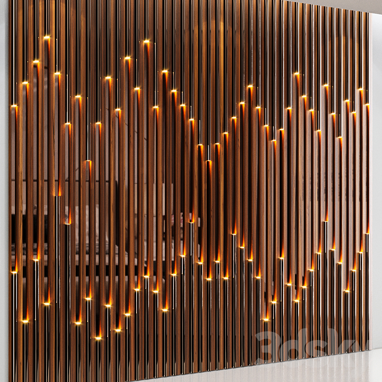 Wall panel made of wood planks cognac mirror and polished pipes 3DS Max - thumbnail 2