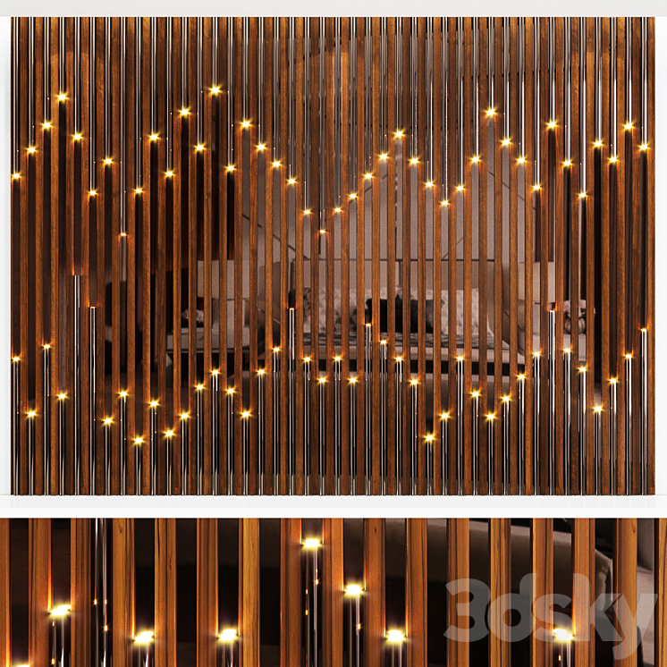 Wall panel made of wood planks cognac mirror and polished pipes 3DS Max - thumbnail 1