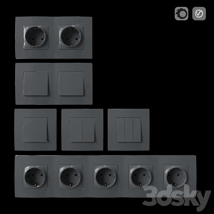 Set of sockets and switches gray 3D Model