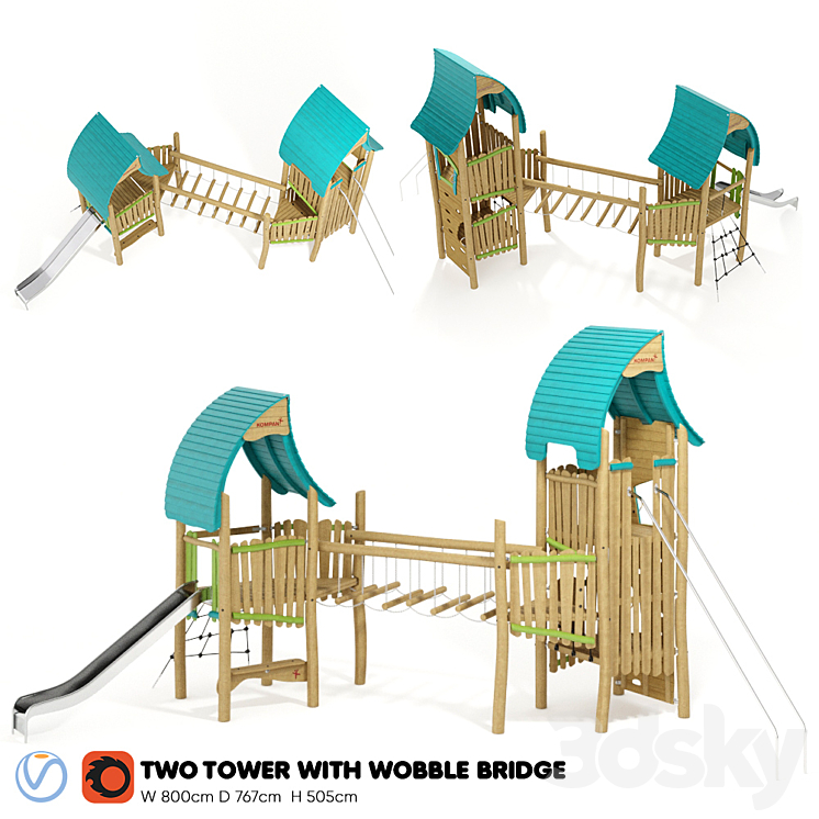 Kompan. Two Tower with Wobble Bridge 3D Model