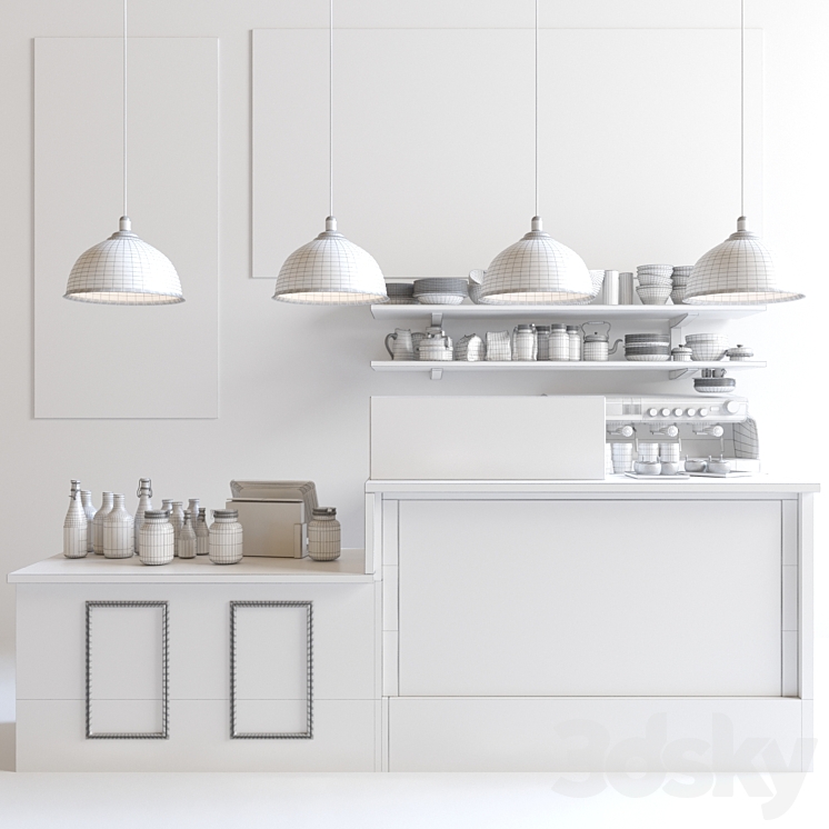 British style cafe with coffee machine and crockery. Showcase with juices 3D Model