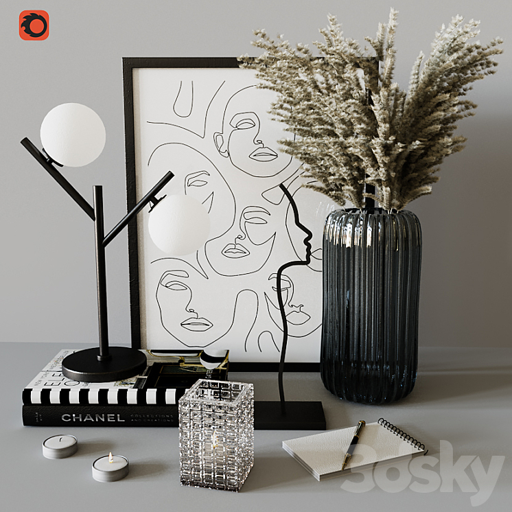 Decorative set with Ribbed Glass Vase 3DS Max - thumbnail 1