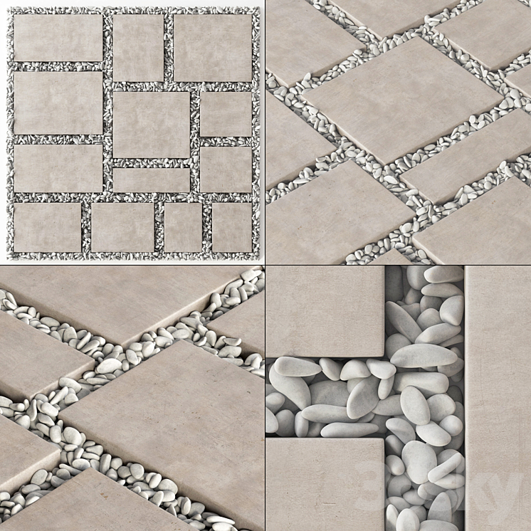 Paving tile square pebble n2 / Paving tile square of pebble slabs 3D Model