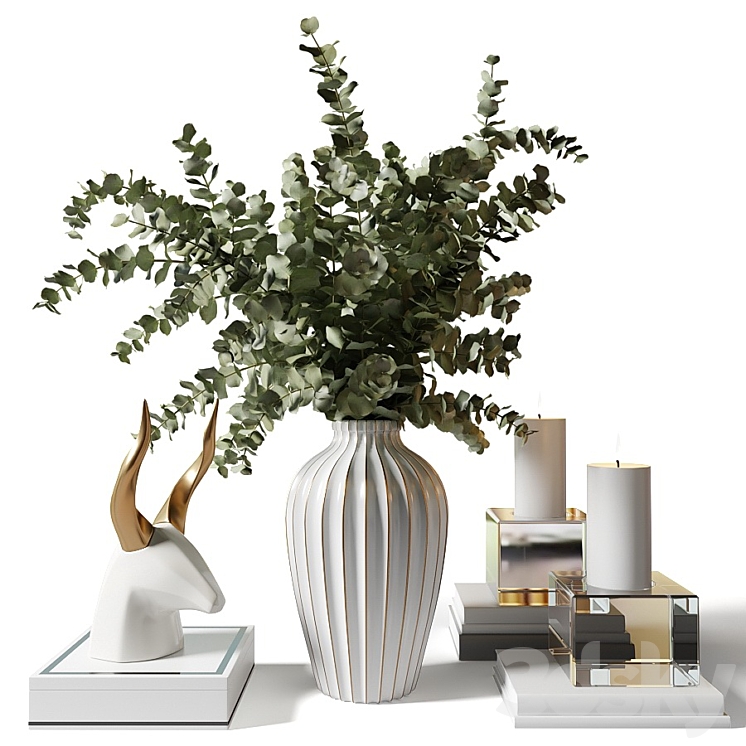 Bouquet with eucalyptus in an elegant white vase with stripes 3DS Max - thumbnail 1