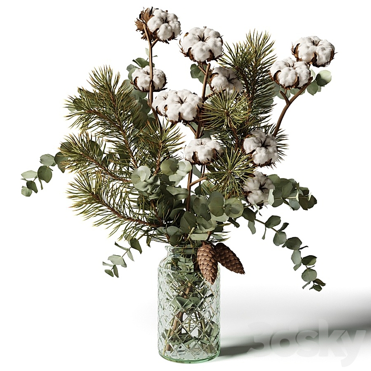 Bouquet of eucalyptus pine and cotton in a glass vase 3DS Max - thumbnail 1
