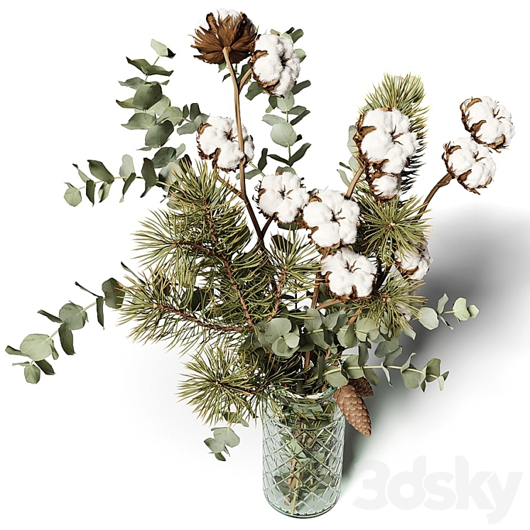 Bouquet of eucalyptus pine and cotton in a glass vase 3DS Max - thumbnail 2