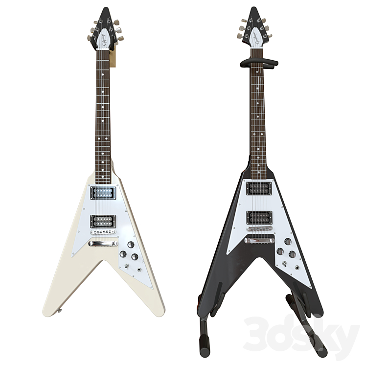 Electric Guitar Gibson Epiphone Flying V style black and beige 3D Model