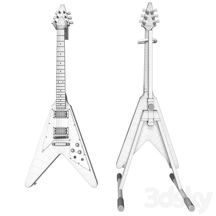 Electric Guitar Gibson Epiphone Flying V style black and beige 3DS Max - thumbnail 2