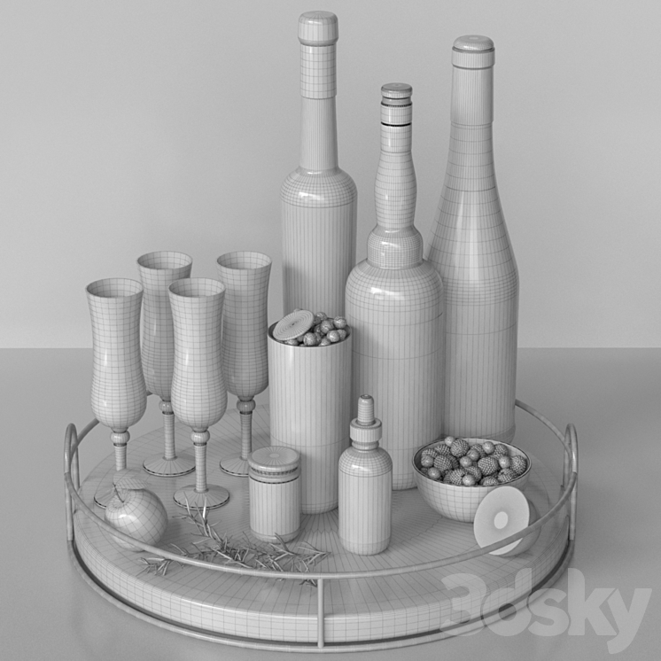 Alcoholic set with fruits. Sparkling wine 3D Model