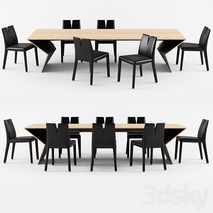 B&B Italia BLITZ wooden table with CUTTER leather chair 3DS Max Model - thumbnail 2