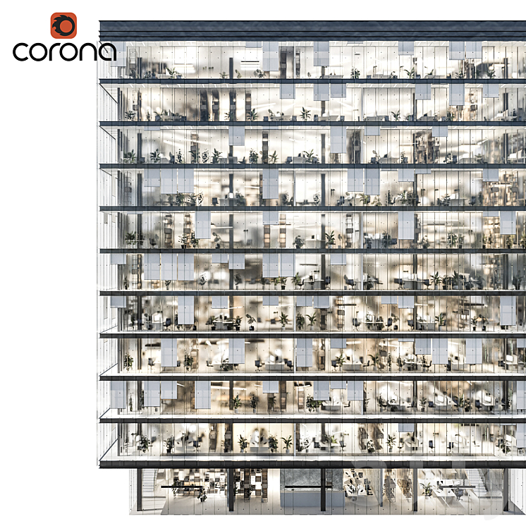 Modern office building 04 | night + interiors 3D Model