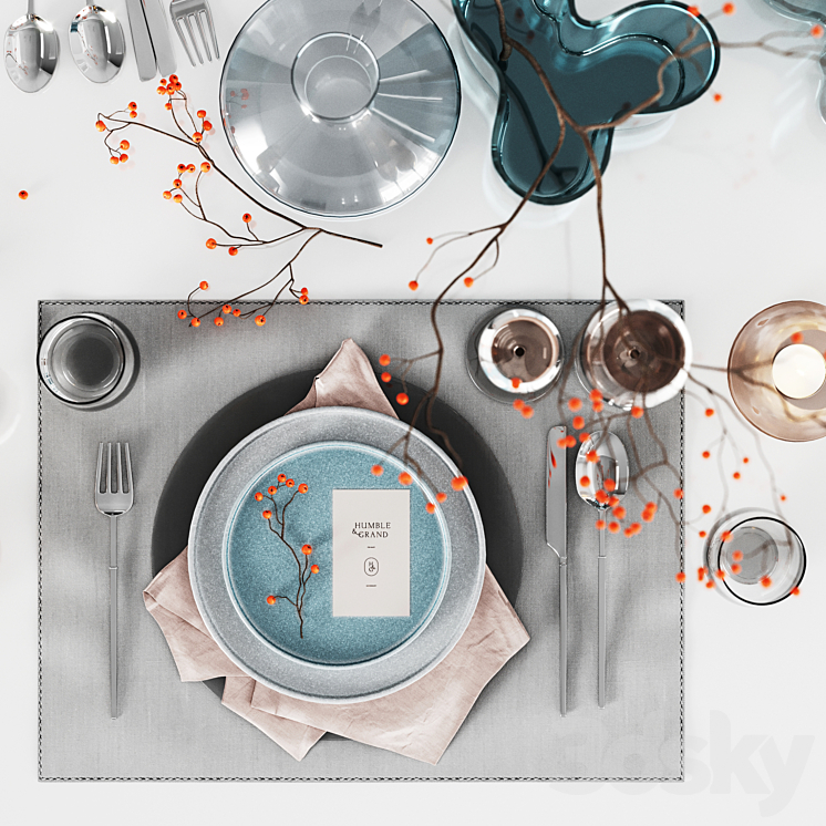 Table setting with rowan 3D Model Free
