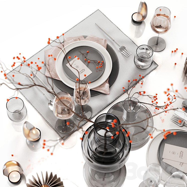 Table setting with rowan 2 3D Model