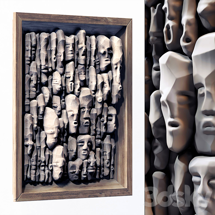 Wood faces panel decor n2 \/ Panel from wooden faces No. 2 3DS Max - thumbnail 1