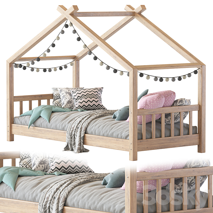 Children bed wood house 3DS Max - thumbnail 1