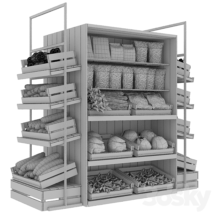 Designer rack in a supermarket with vegetables fruits and cereals 3 3D Model