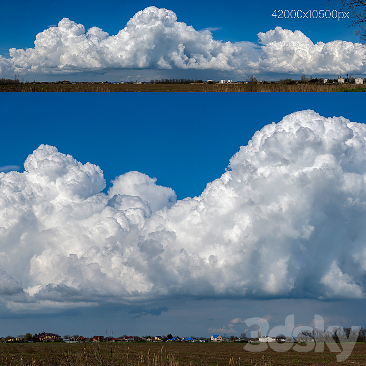 Panorama with beautiful cumulus clouds over the village. 42k 3D Model