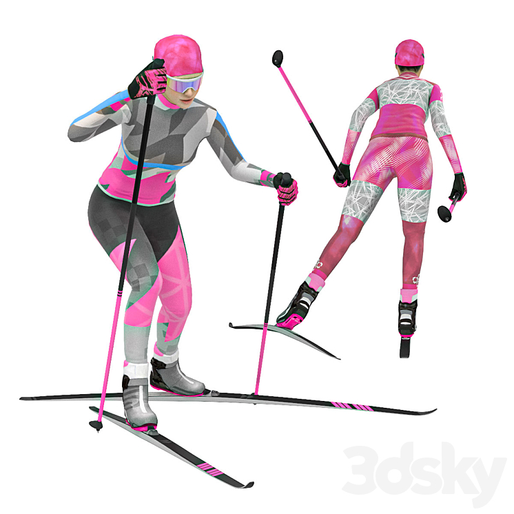 Female skier. Skate skiing 3D Model