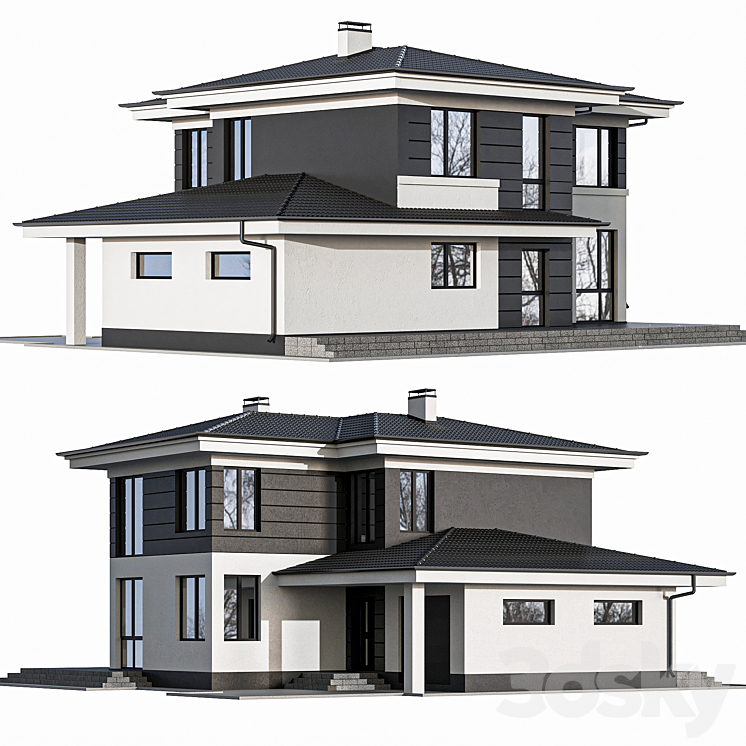 Two-storey cottage with panoramic windows 3D Model