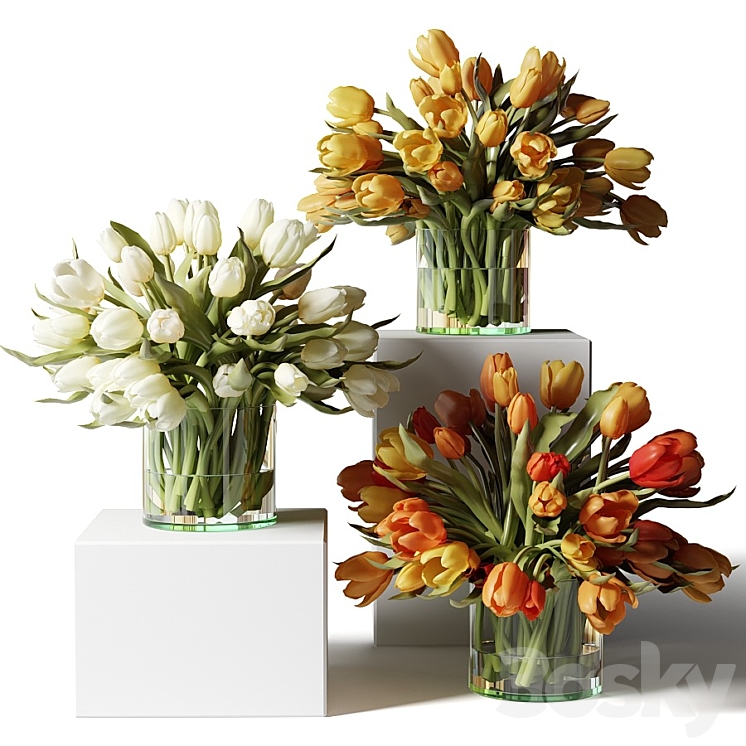 Yellow red and white tulips in glass vases 3DS Max - thumbnail 1
