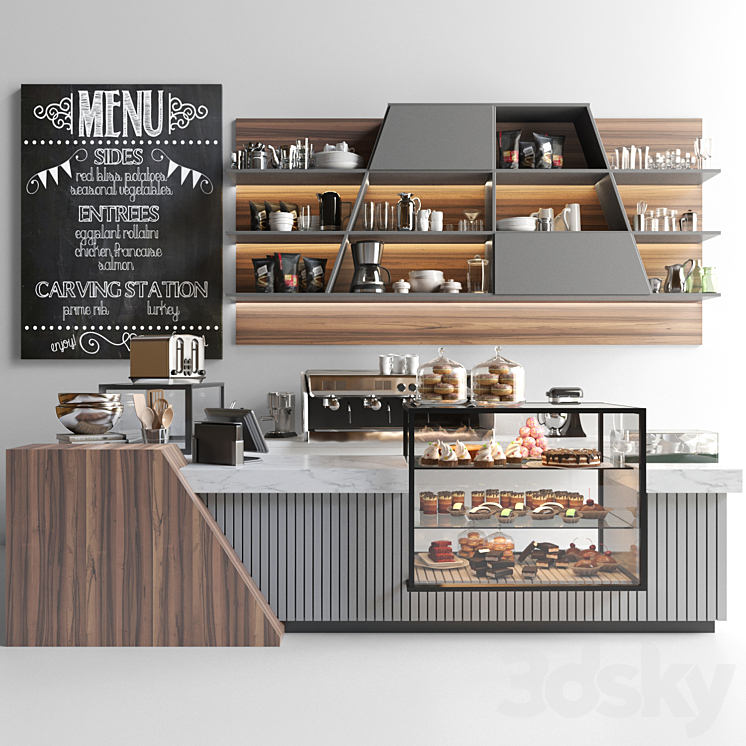 Design project of coffee point in loft style with desserts and sweets. Cafe 3D Model