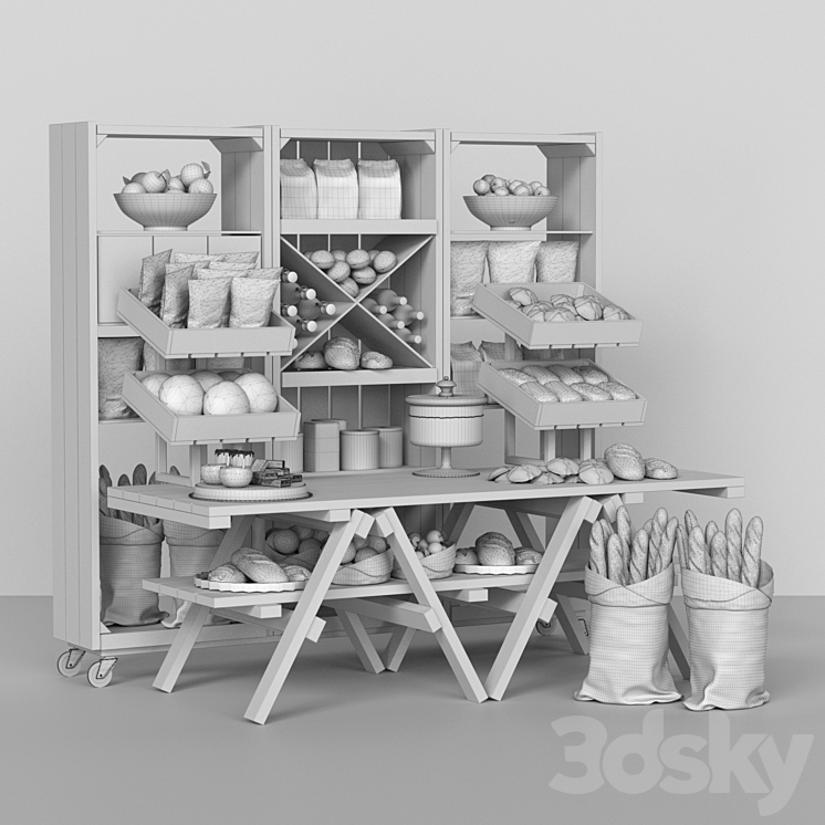 Showcase at the market with products pastries and dry breakfasts 3D Model