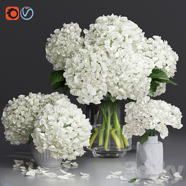 White Hydrange and peony Twig Vases decorative Set 3DS Max - thumbnail 1