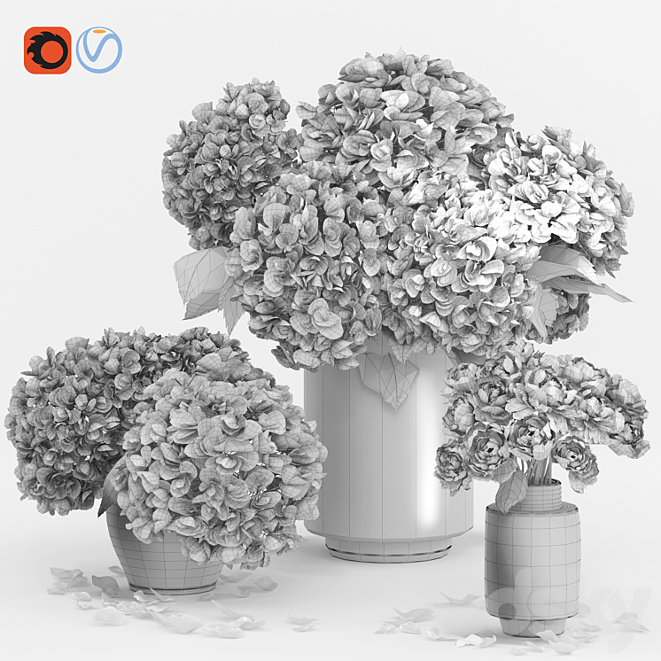 White Hydrange and peony Twig Vases decorative Set 3DS Max - thumbnail 2