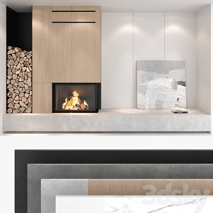 Decorative wall with fireplace set 01 3DS Max - thumbnail 1
