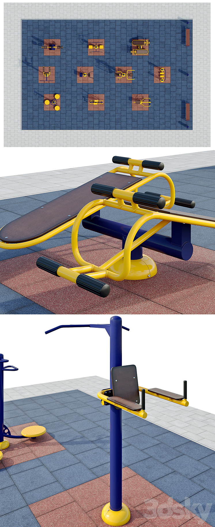 Sports ground with outdoor exercise trainers. Playground 3D Model