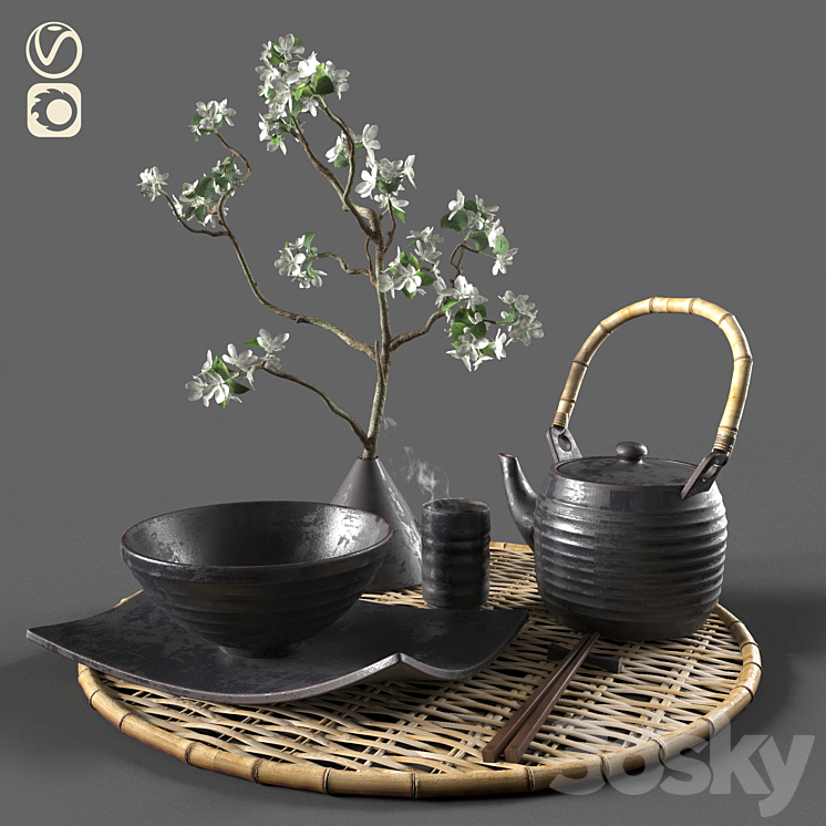 Eastern tableware with flowers 3DS Max - thumbnail 1