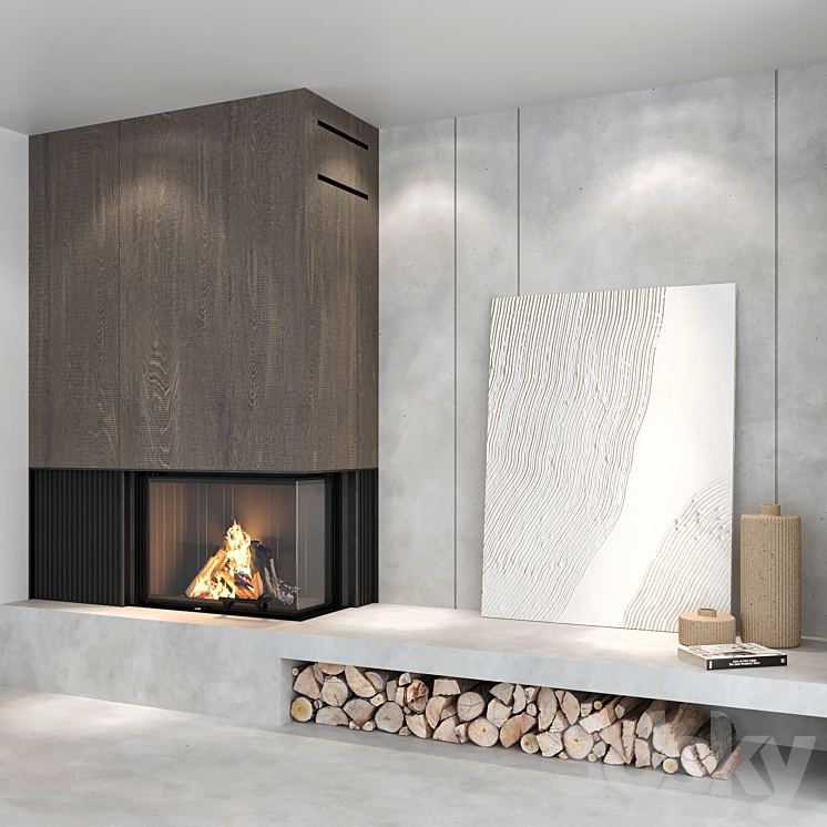 Decorative wall with fireplace set 03 3D Model