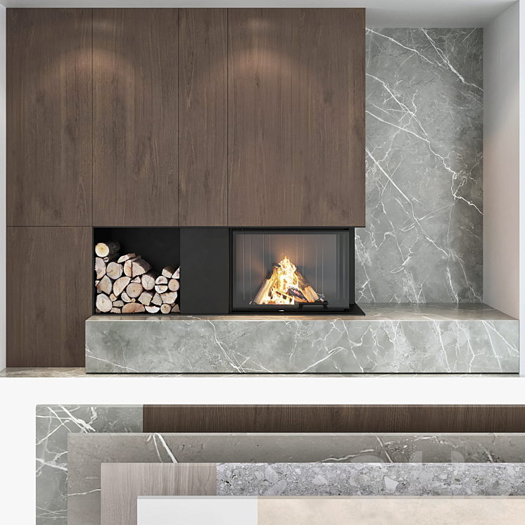 Decorative wall with fireplace set 04 3DS Max - thumbnail 1