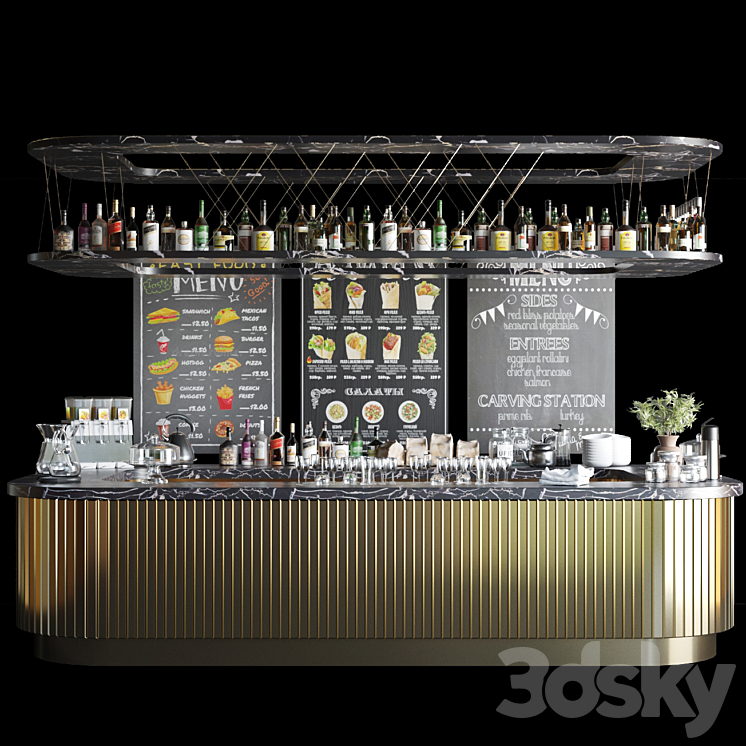 A large design project of a bar counter with strong alcohol wine and a variety of cocktails. Alcohol 3D Model