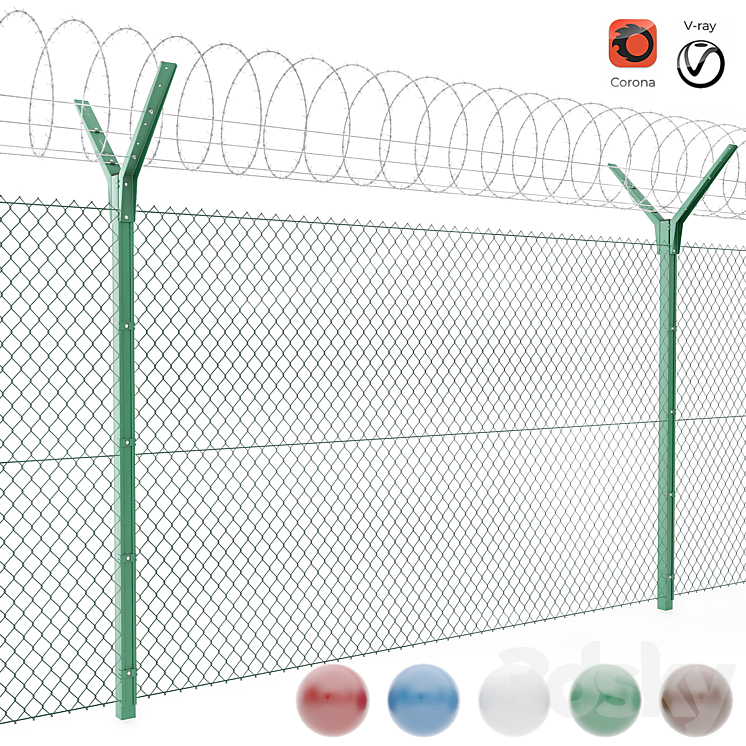 Chain link fence with spiral protective barrier 3D Model