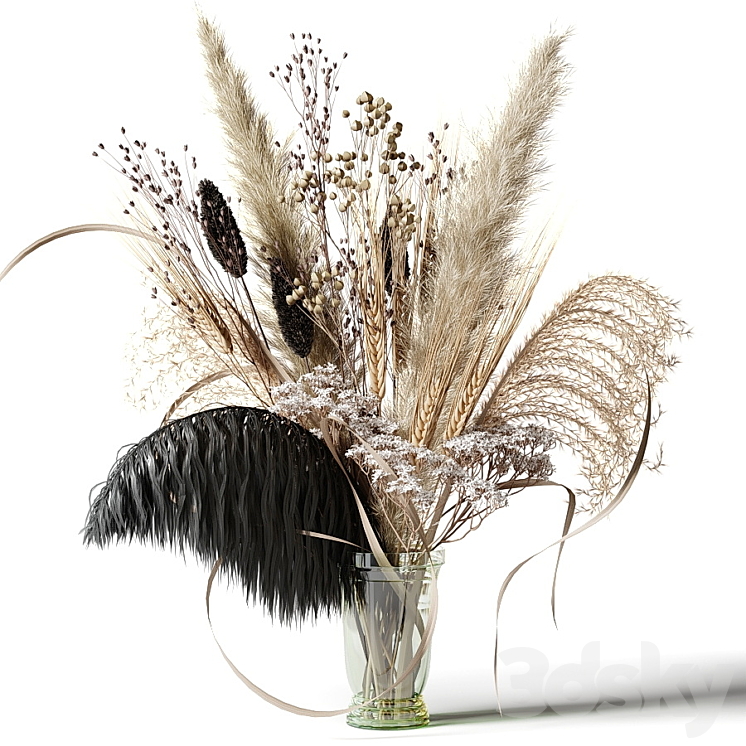 Bouquet of dried flowers with a black feather in a glass vase 3DS Max - thumbnail 1